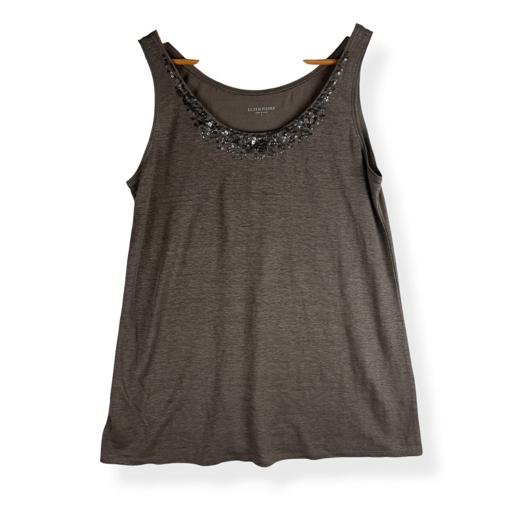 Eileen Fisher Tank Top Size Small Brown‎ 100% Linen Sequin Quiet Luxury Chic